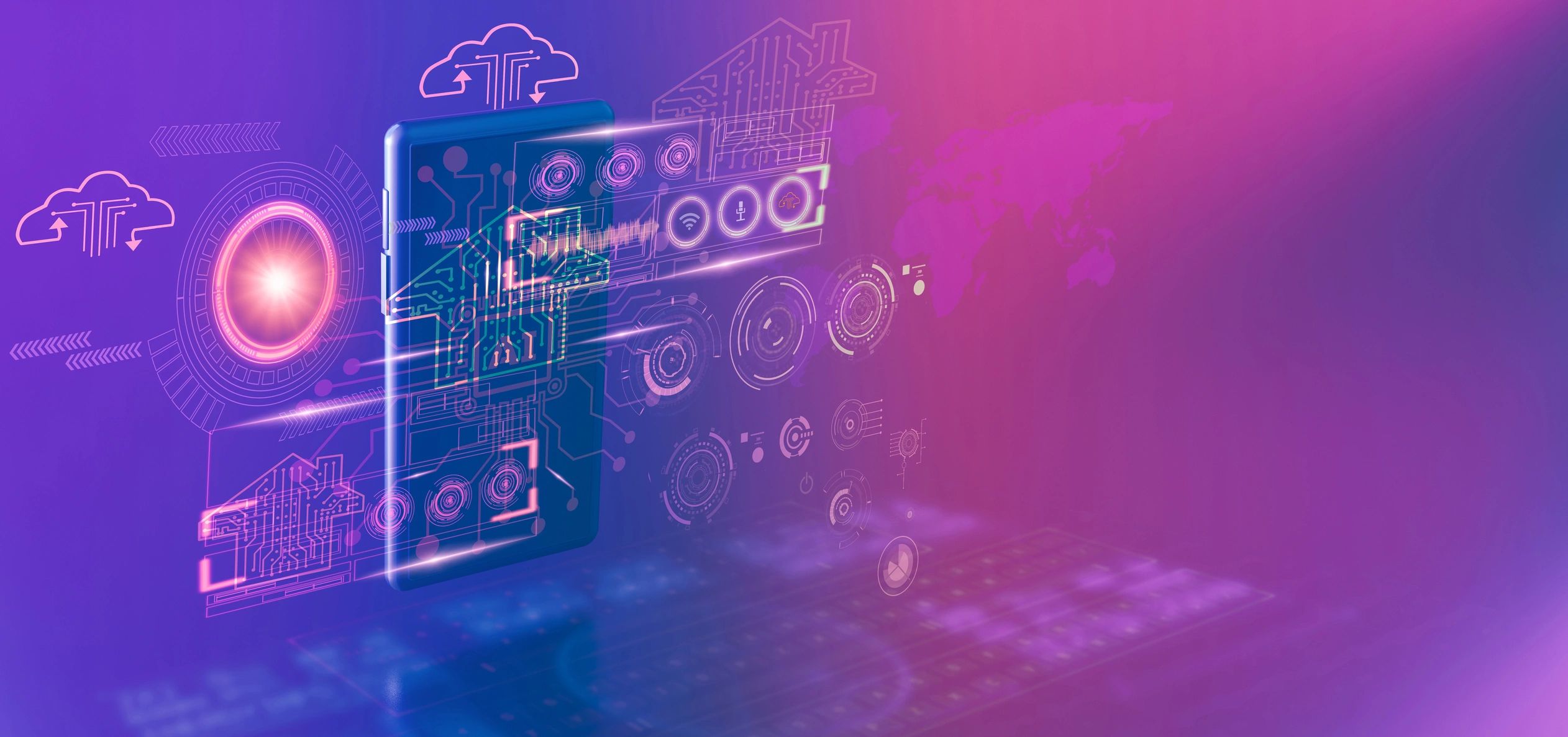 Abstract multi-cloud network visualization in purple and blue