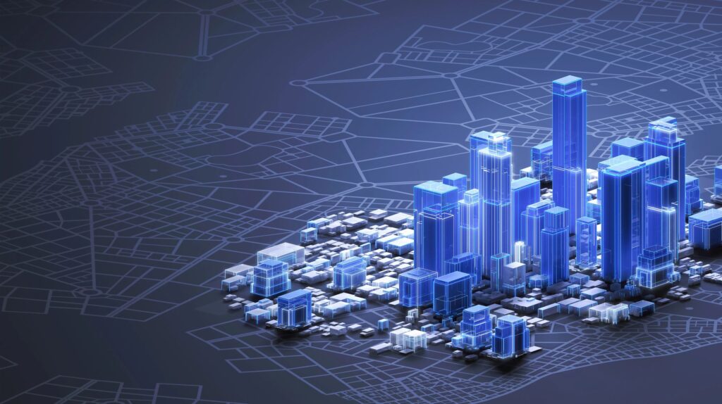 Smart city downtown, architectural model on dark background with abstract buildings and copy space