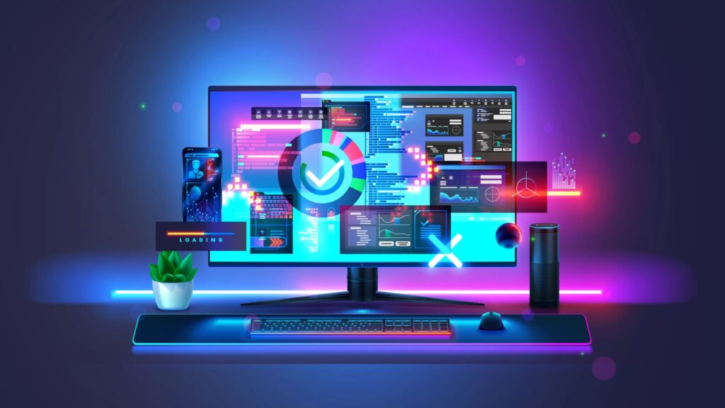 PC computer, keyboard, mouse. Computer monitor . Desktop gaming computer front view